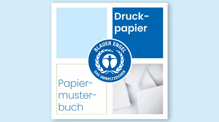 Cover mit dem Blauen Engel Logo. Text: Papiermusterbuch, Druckpapier